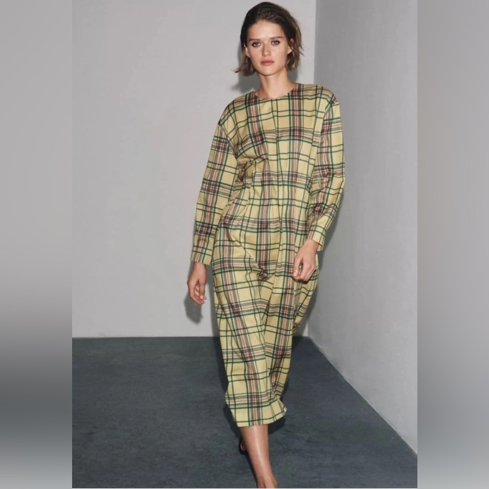 ZARA Yellow Cotton Plaid Midi Dress Bloggers Favorite Size XS